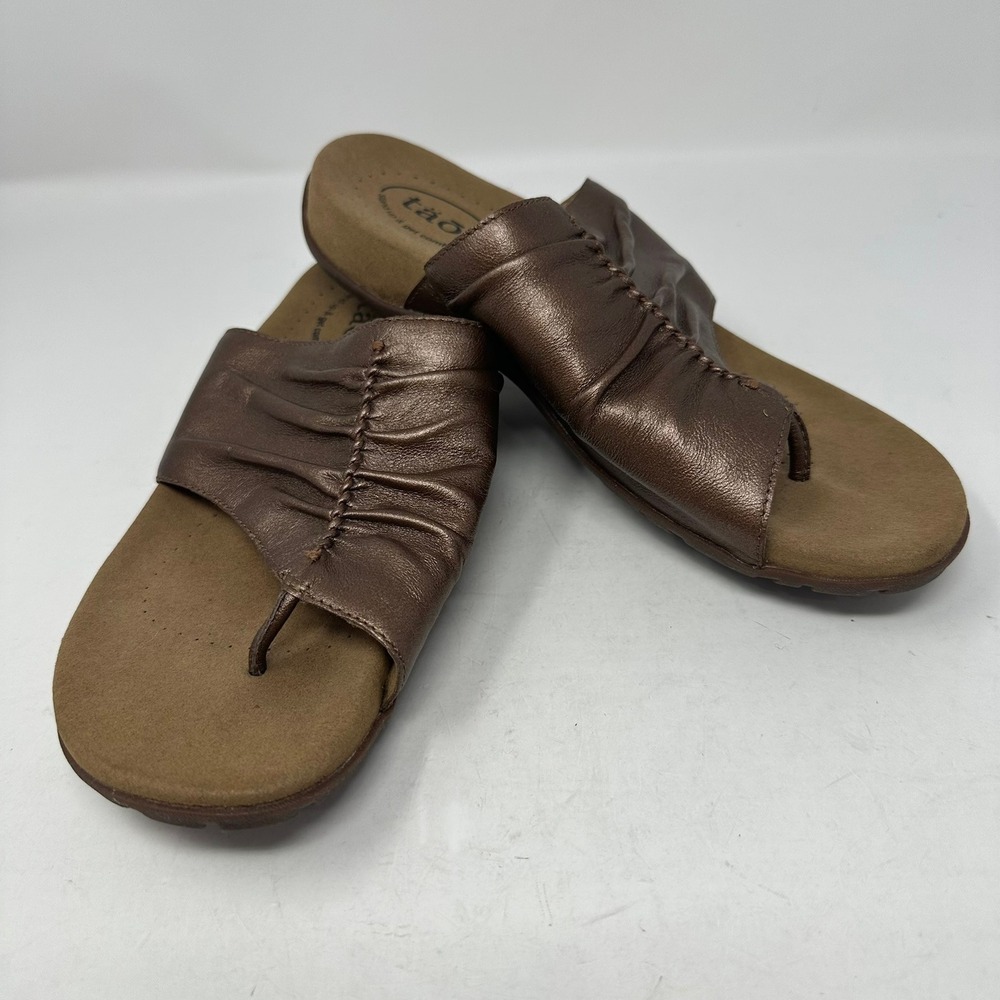 Taos Sandals Women 9 Bronze Gift Leather Slide Ruched Thong Comfort Shoes